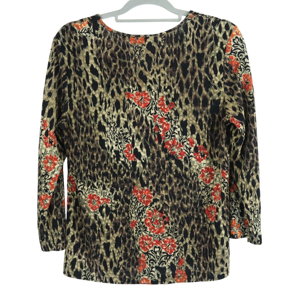 Coldwater Creek Leopard Black Red BrownFloral Top 3/4 Sleeve Size M Boho Chic - Picture 2 of 6